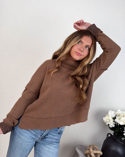 Constance Waffle Knit Raw Seamed Turtleneck Top