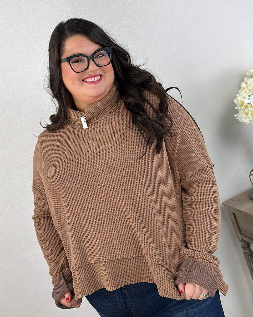 Constance Waffle Knit Raw Seamed Turtleneck Top