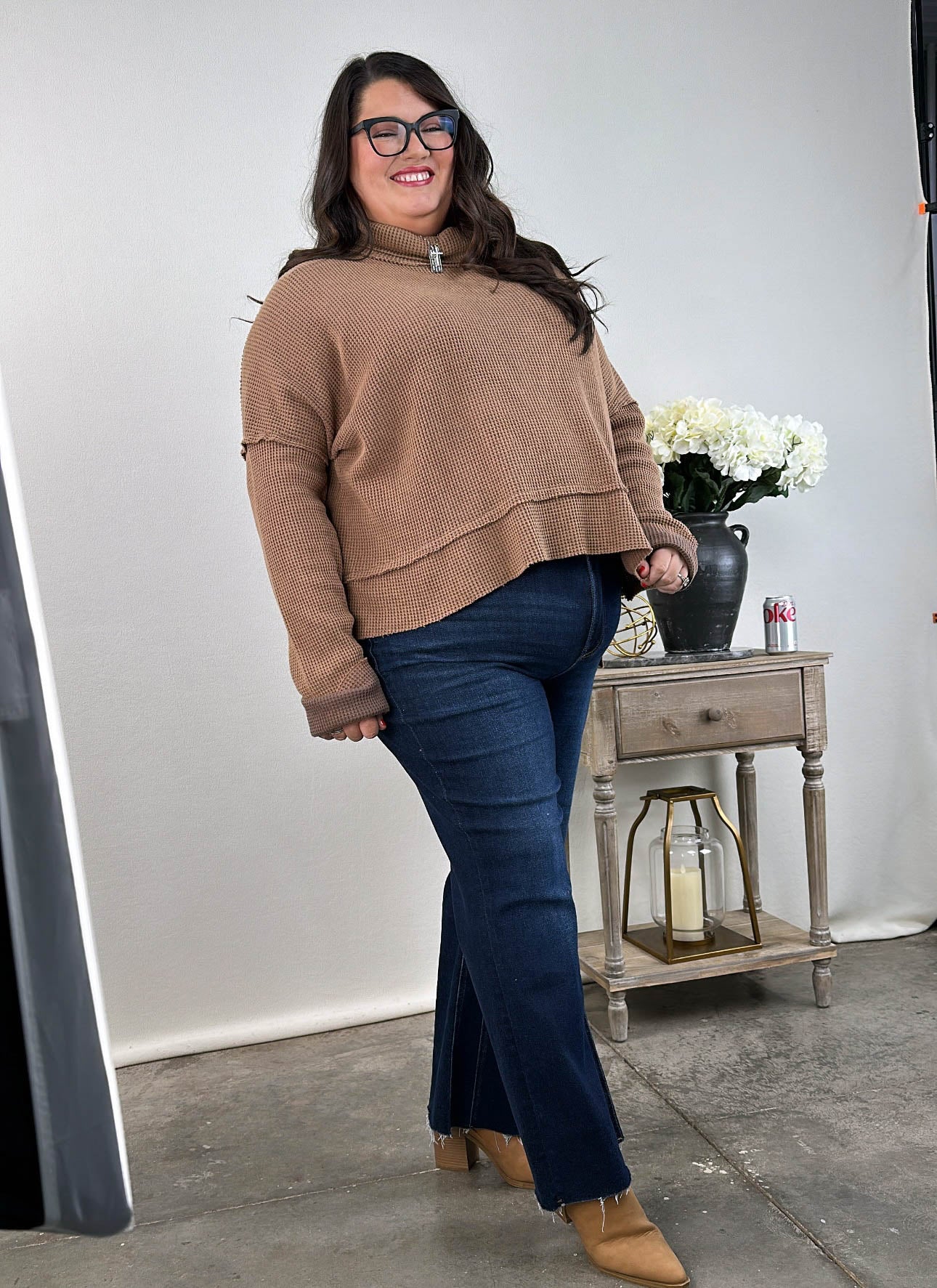 Constance Waffle Knit Raw Seamed Turtleneck Top