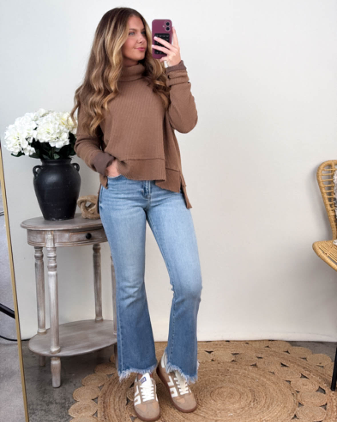 Constance Waffle Knit Raw Seamed Turtleneck Top