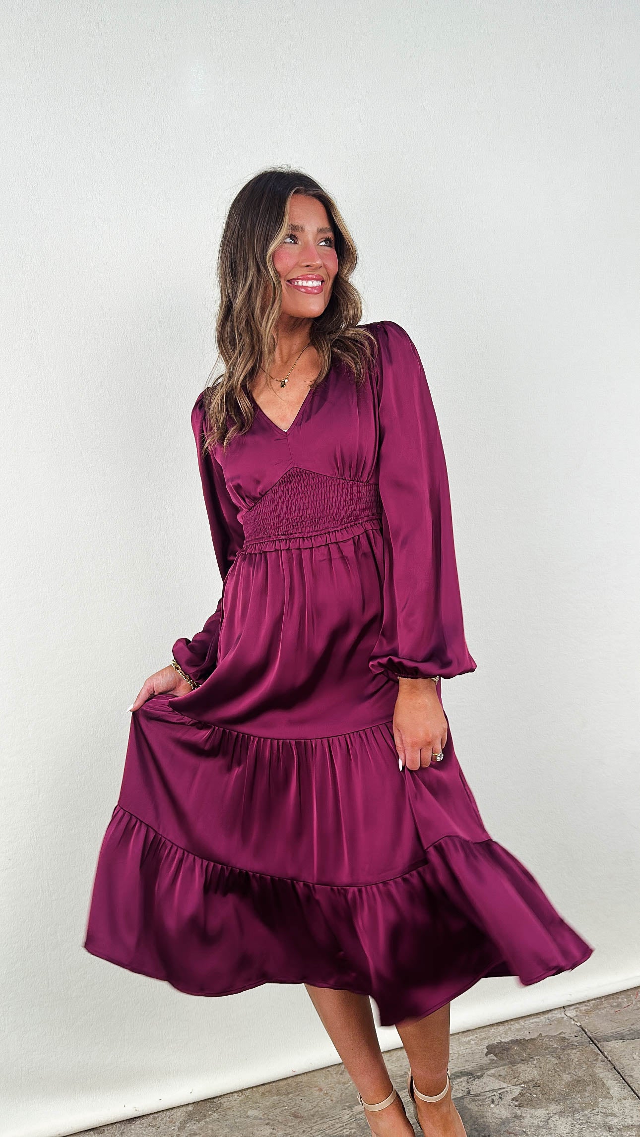 Heart's Desire Satin Tiered Midi Dress