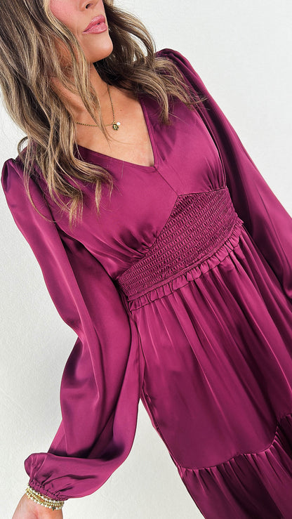 Heart's Desire Satin Tiered Midi Dress