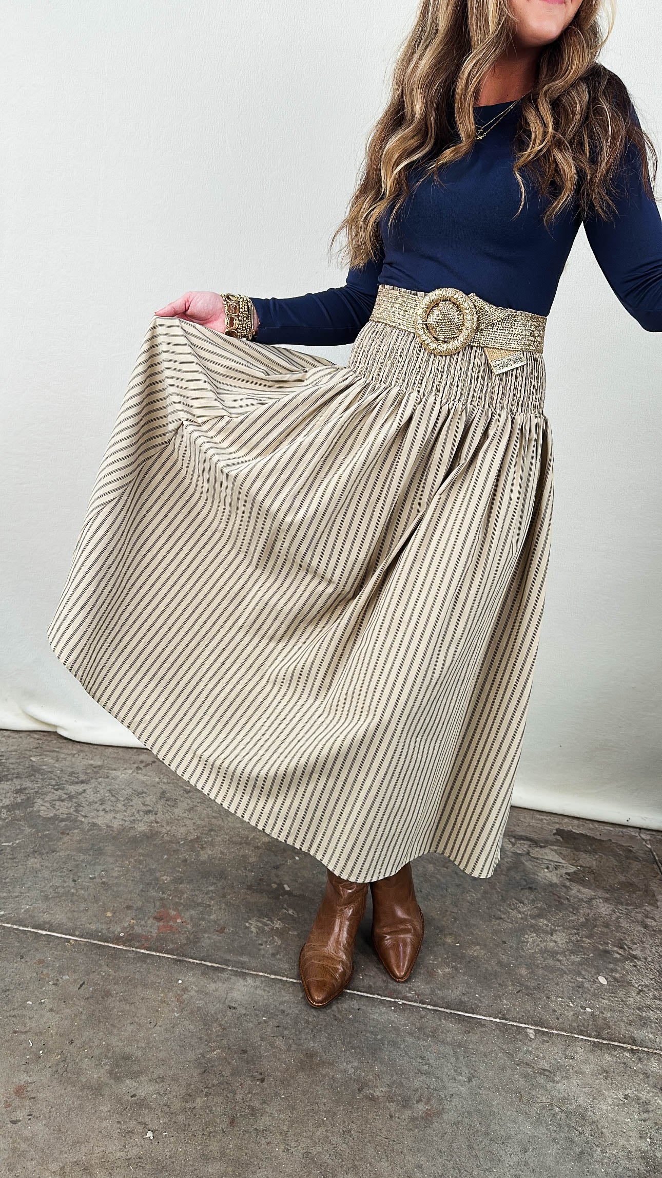Lydia Striped Smocked Waist Midi Skirt