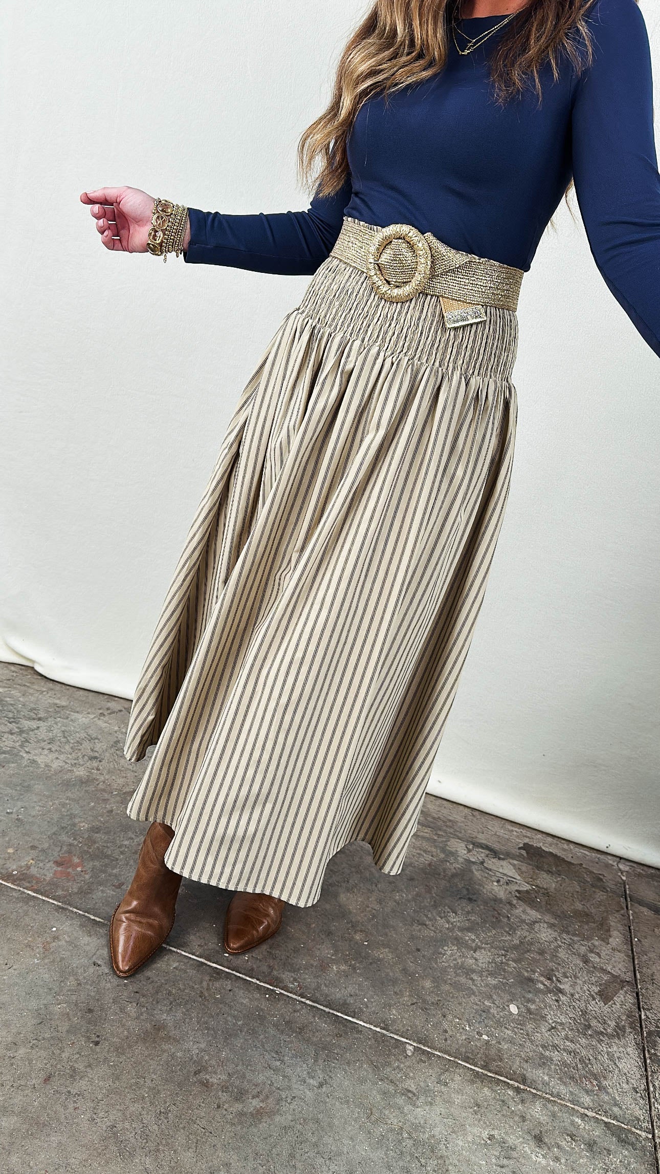 Lydia Striped Smocked Waist Midi Skirt
