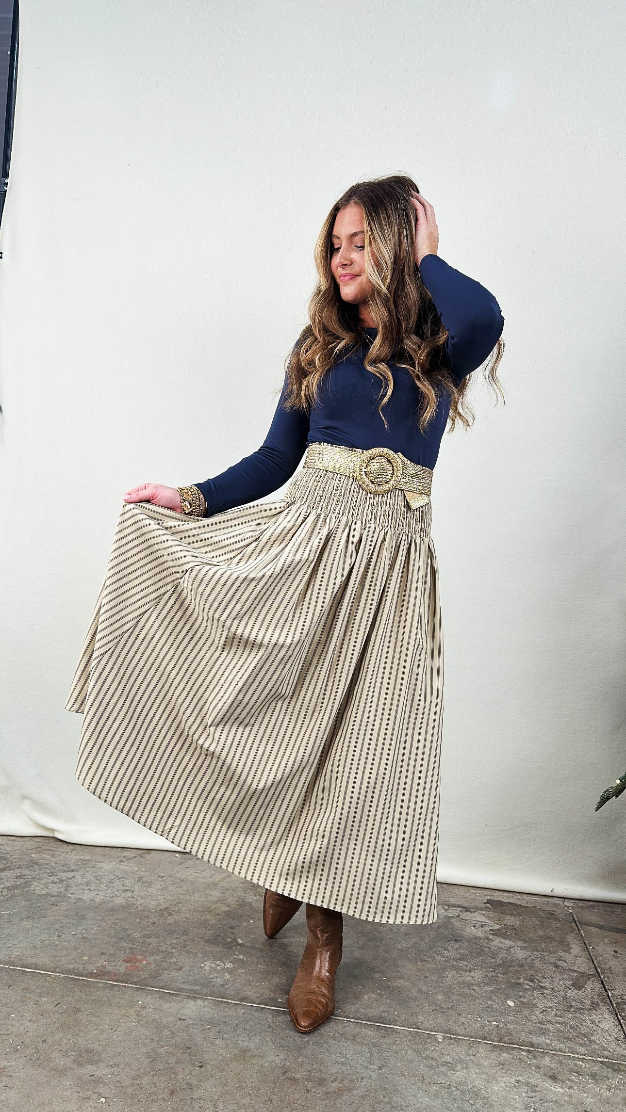 Lydia Striped Smocked Waist Midi Skirt