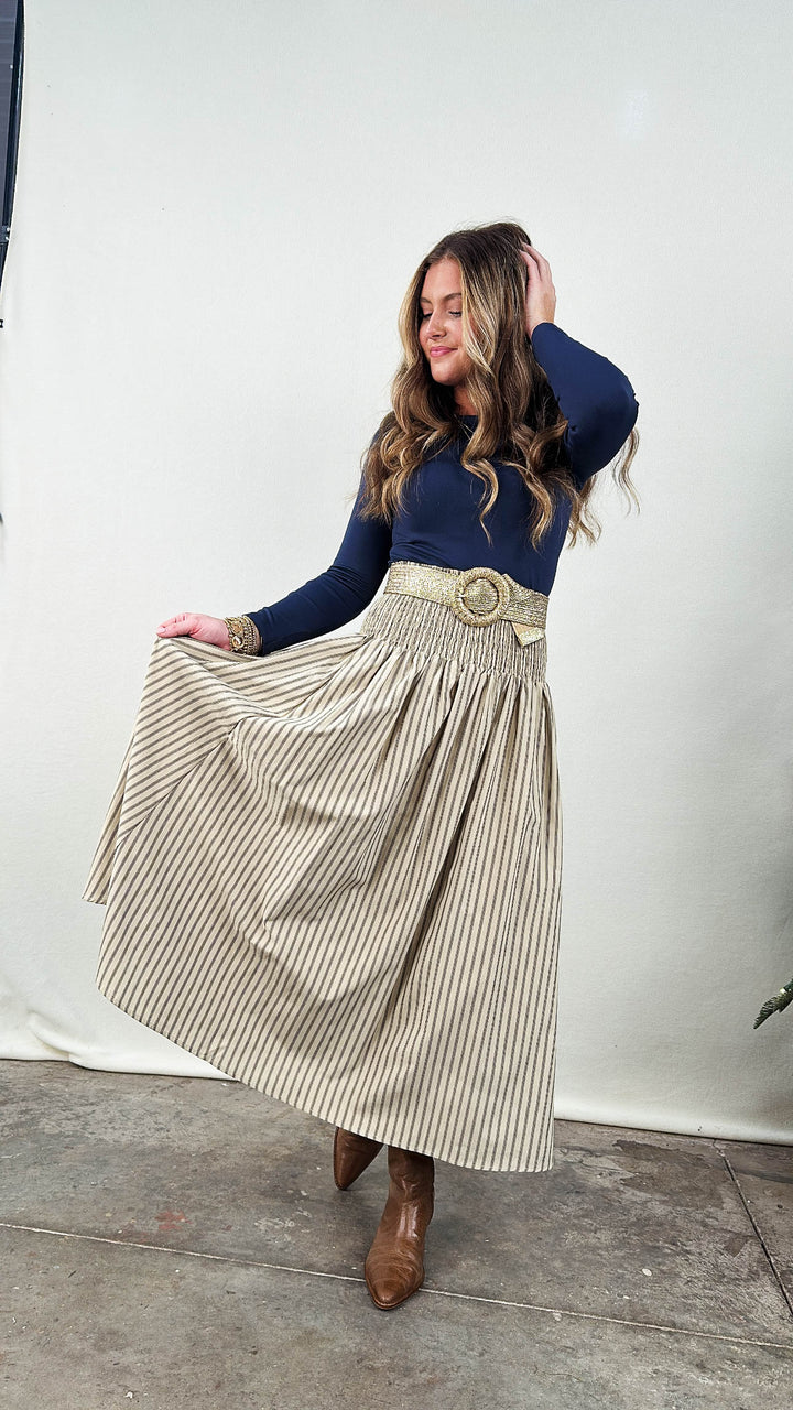 Lydia Striped Smocked Waist Midi Skirt