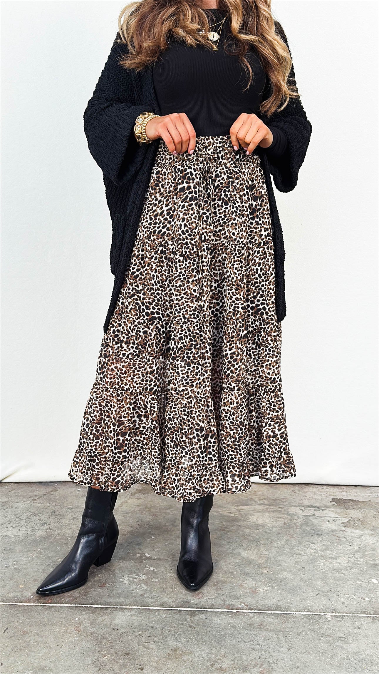 On The Hunt Leopard Tiered Midi Skirt