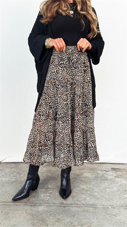 On The Hunt Leopard Tiered Midi Skirt