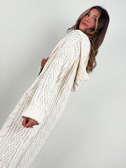Coffee Date Cable Knit Hooded Duster Cardigan