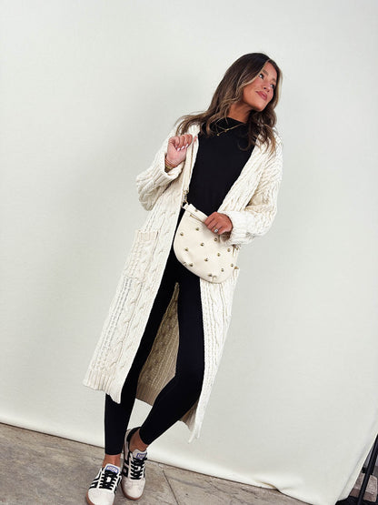 Coffee Date Cable Knit Hooded Duster Cardigan