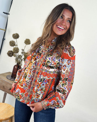 Mosaic Bloom Floral Patchwork Tassel Tie Blouse