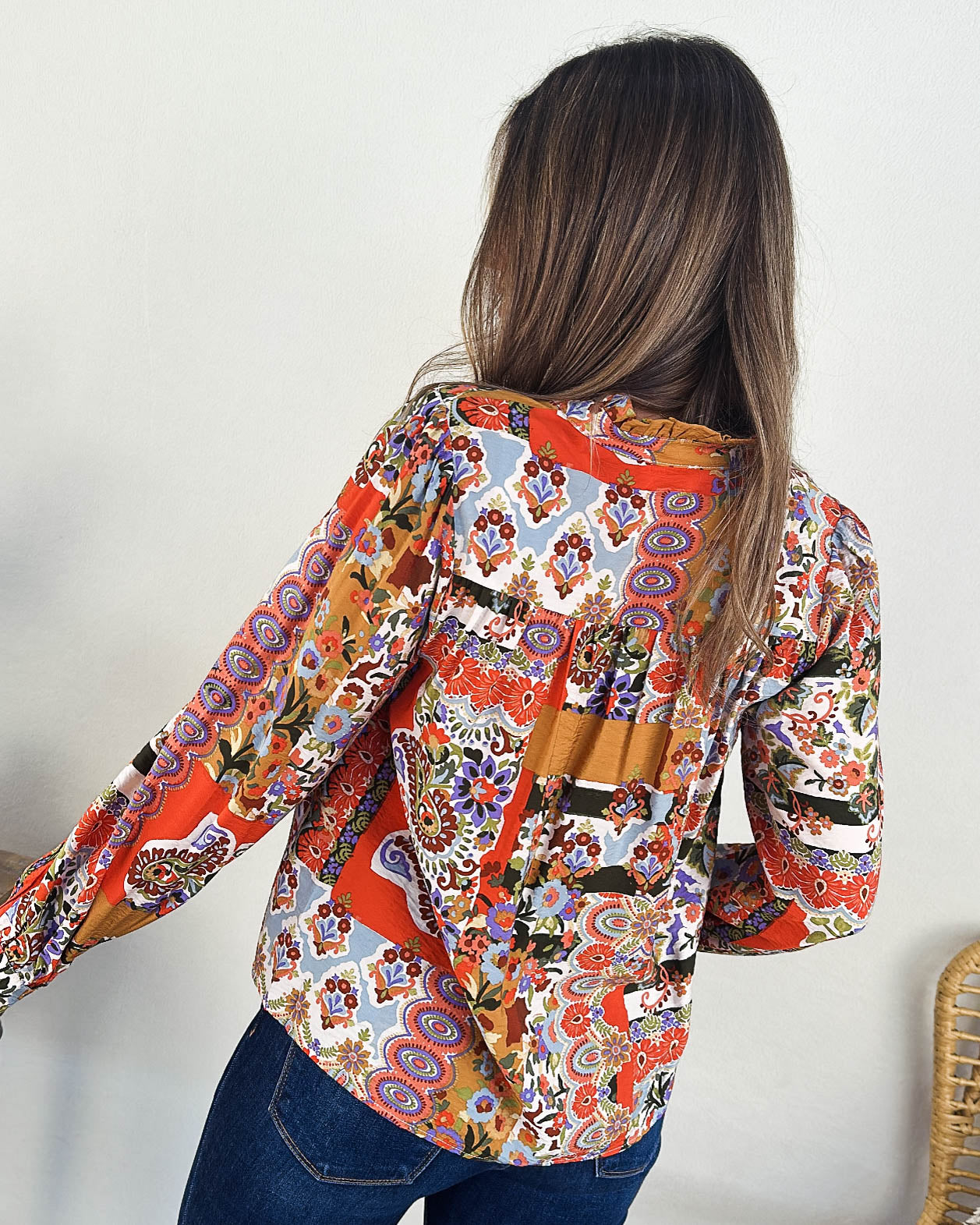 Mosaic Bloom Floral Patchwork Tassel Tie Blouse