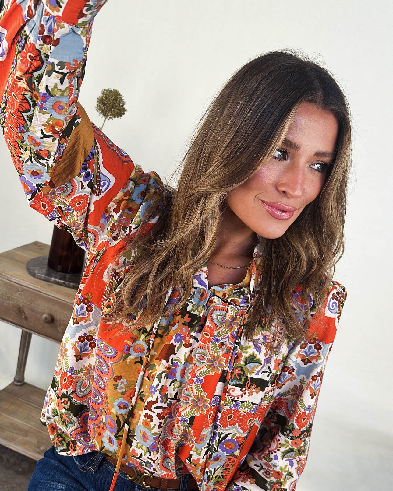 Mosaic Bloom Floral Patchwork Tassel Tie Blouse