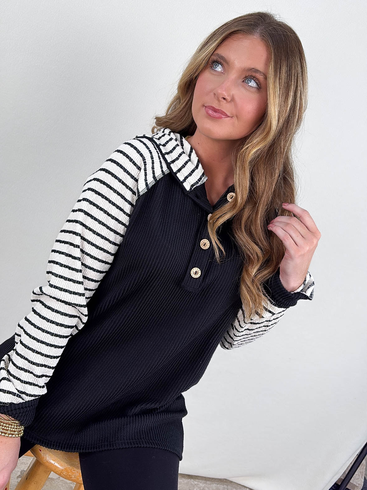 Lillian Ribbed Striped Sleeve Hooded Top