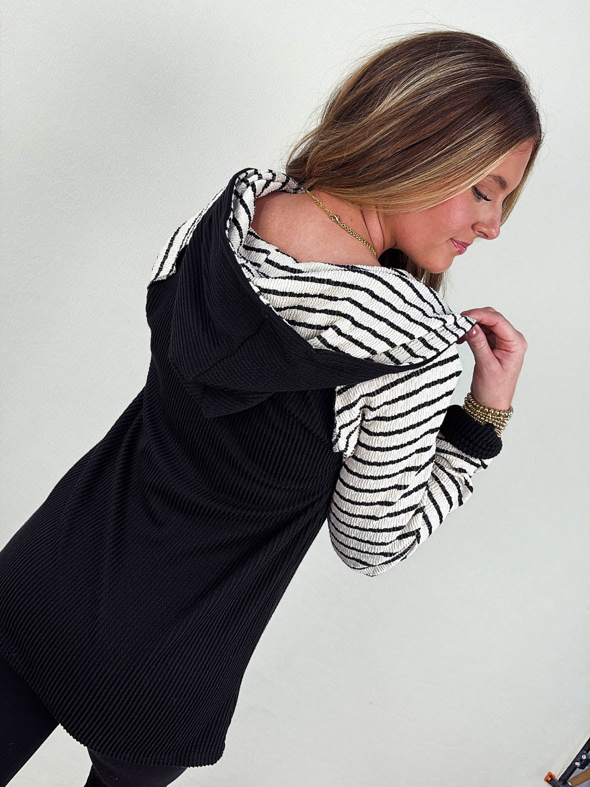 Lillian Ribbed Striped Sleeve Hooded Top