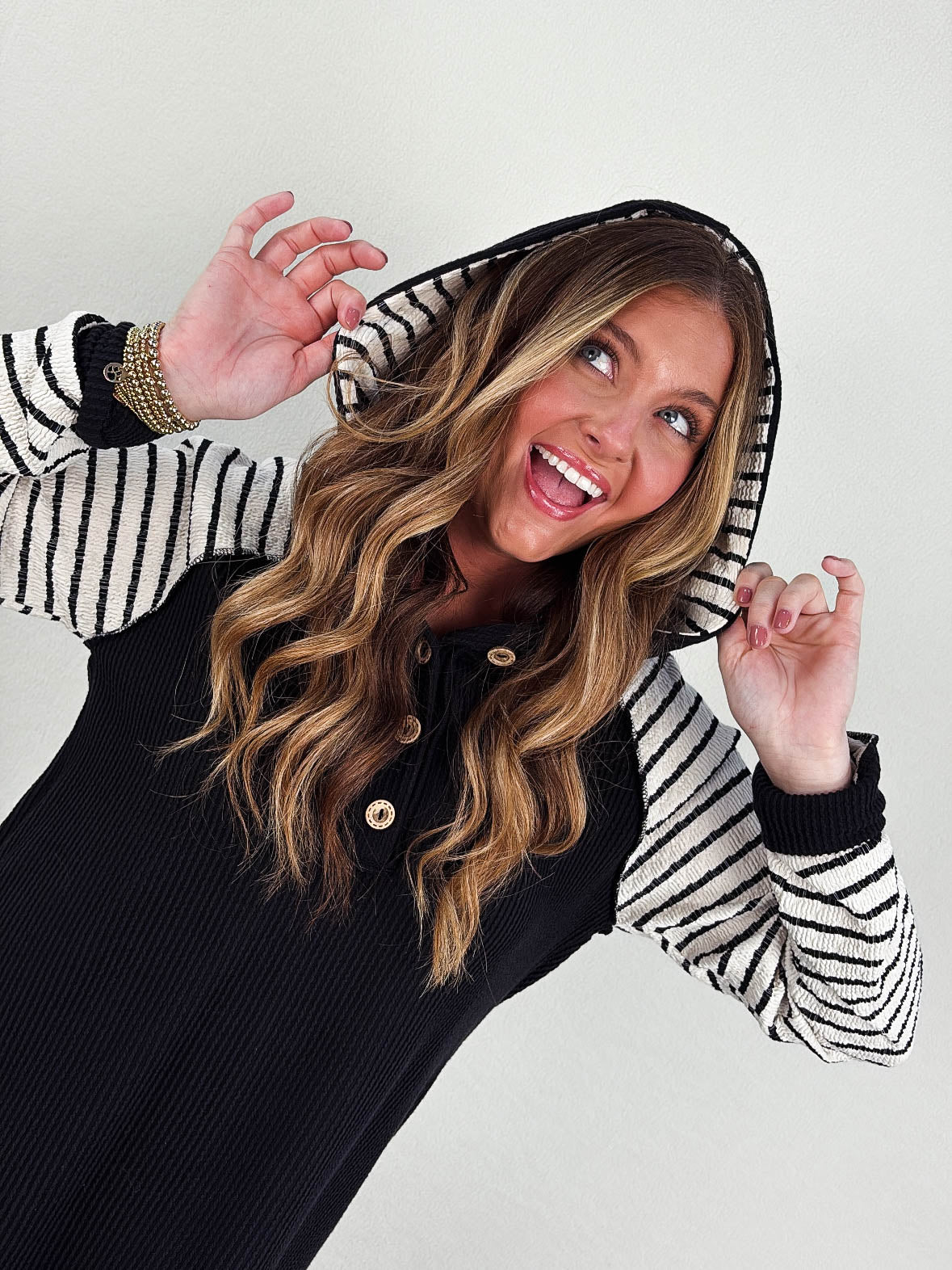 Lillian Ribbed Striped Sleeve Hooded Top