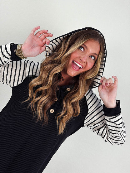 Lillian Ribbed Striped Sleeve Hooded Top