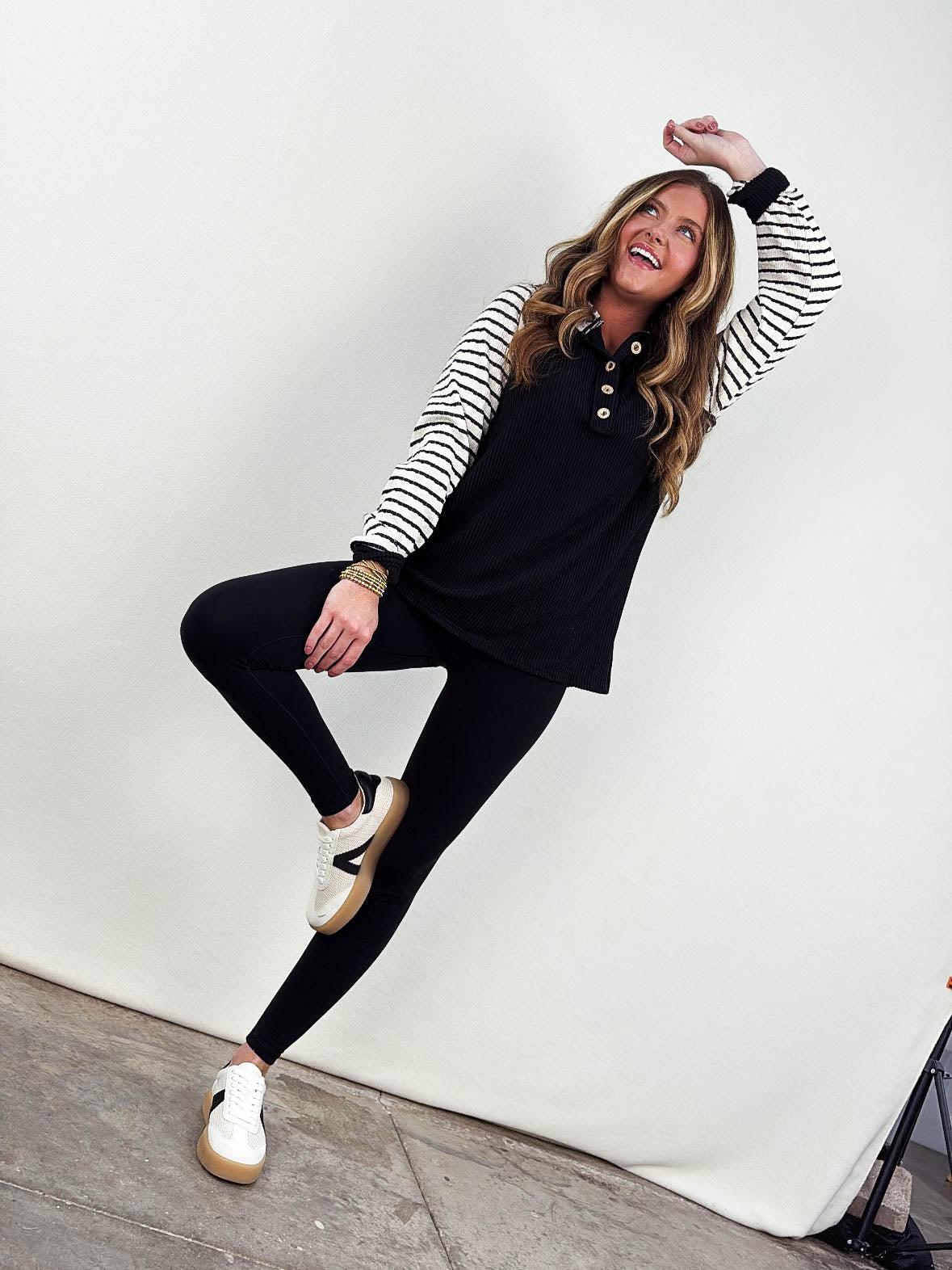 Lillian Ribbed Striped Sleeve Hooded Top