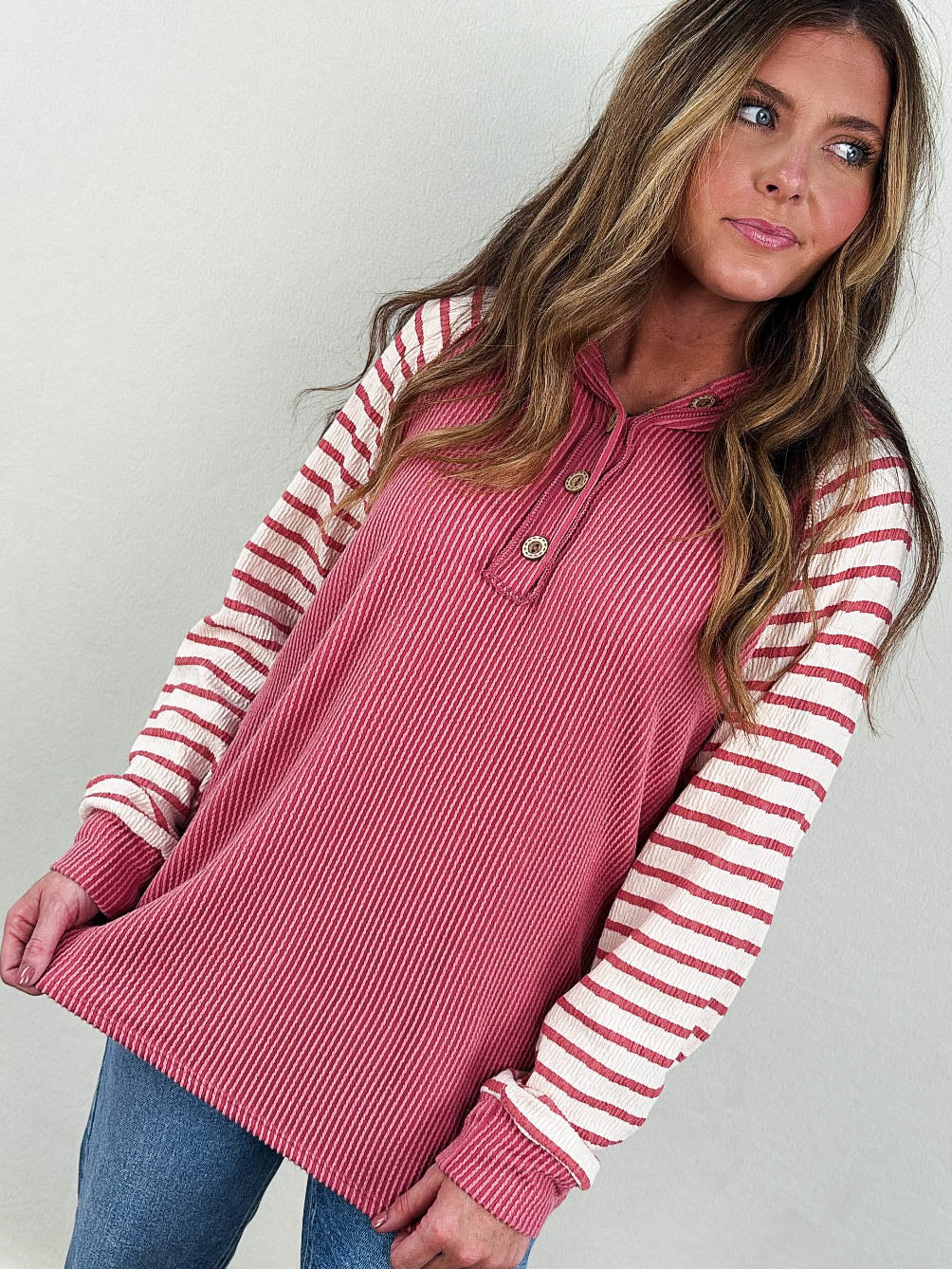 Lillian Ribbed Striped Sleeve Hooded Top