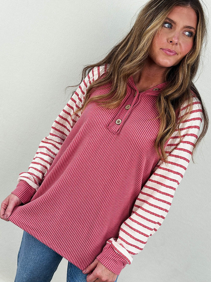Lillian Ribbed Striped Sleeve Hooded Top