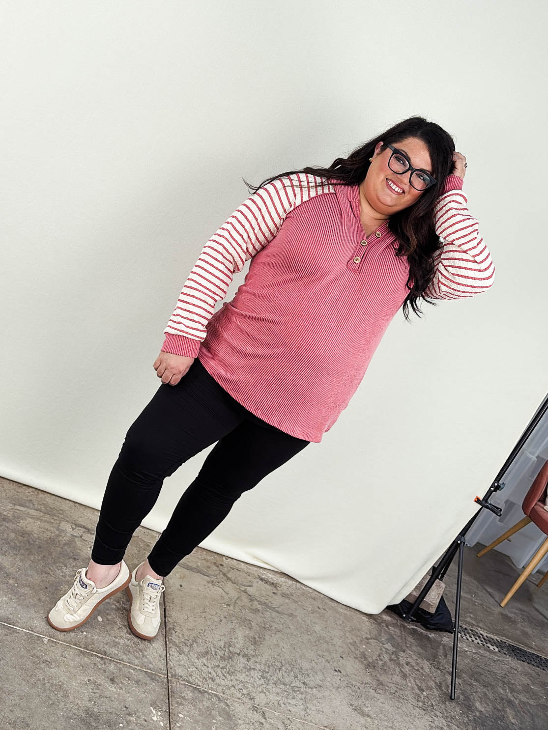 Lillian Ribbed Striped Sleeve Hooded Top