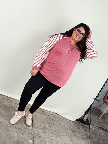 Lillian Ribbed Striped Sleeve Hooded Top