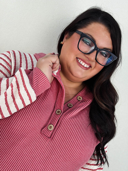 Lillian Ribbed Striped Sleeve Hooded Top