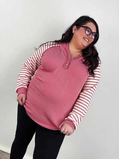 Lillian Ribbed Striped Sleeve Hooded Top