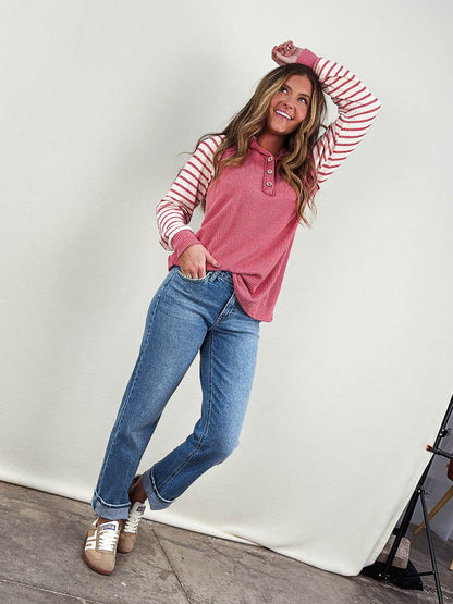 Lillian Ribbed Striped Sleeve Hooded Top