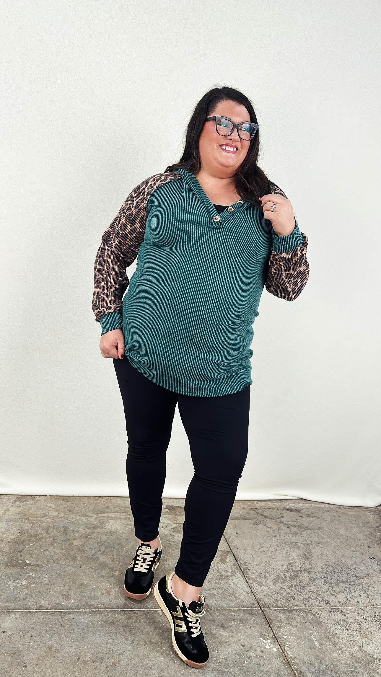 Alma Ribbed Leopard Sleeve Hooded Top