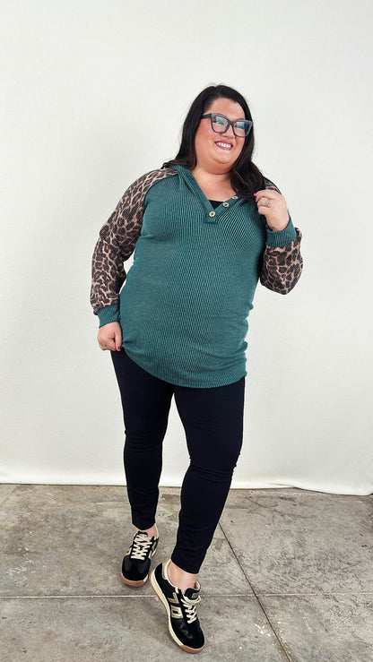 Alma Ribbed Leopard Sleeve Hooded Top