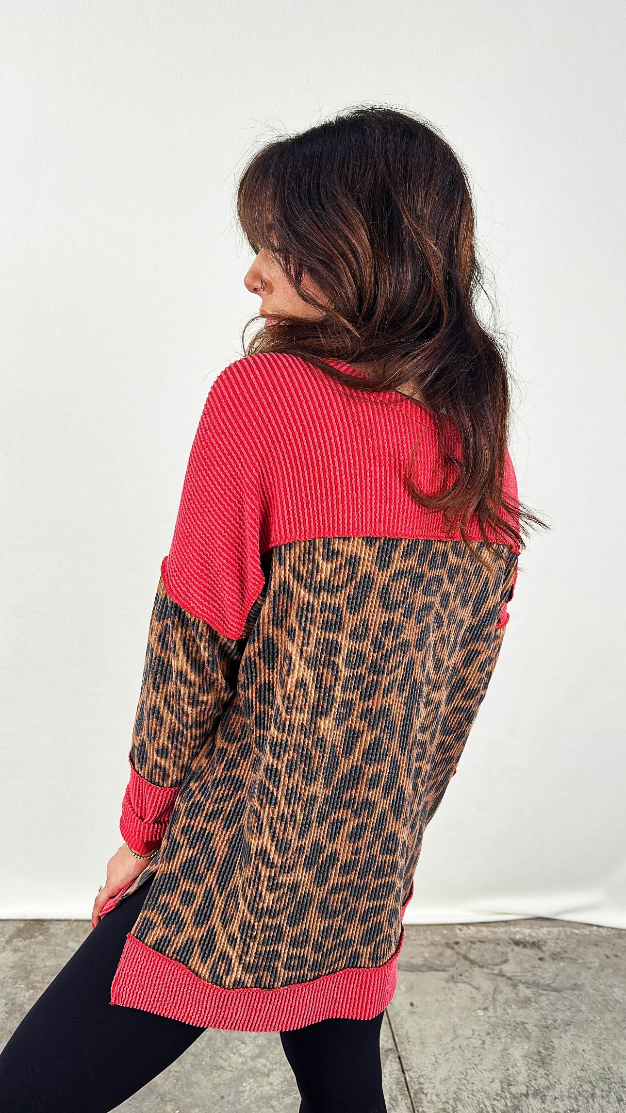 In The Mix Color Block Leopard Henley Top