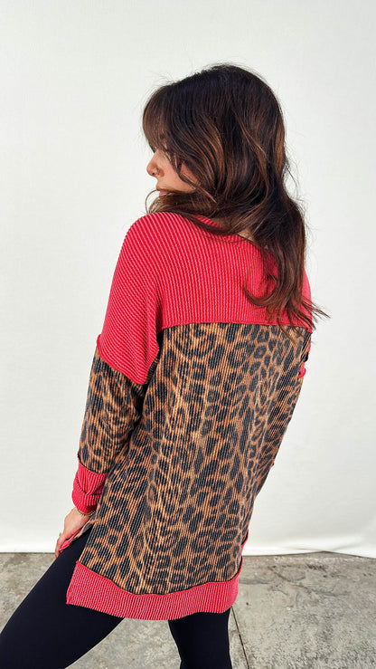 In The Mix Color Block Leopard Henley Top