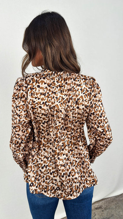 On The Prowl Leopard Ruffle Tie Neck Blouse