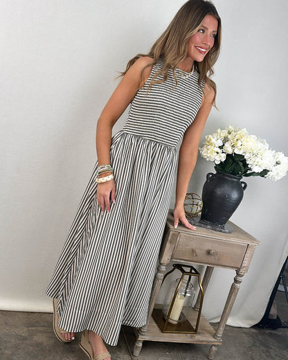 The Parisian Striped Smocked Bodice Maxi Dress