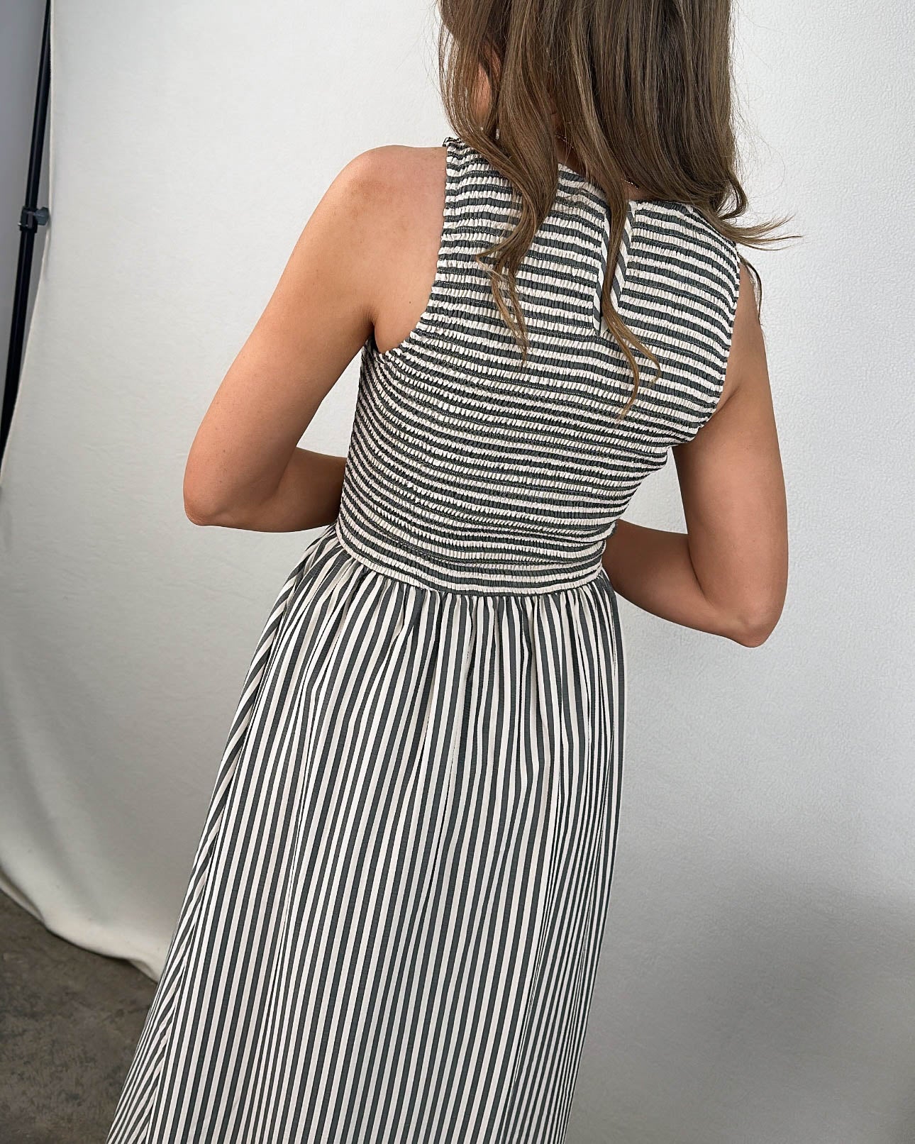 The Parisian Striped Smocked Bodice Maxi Dress