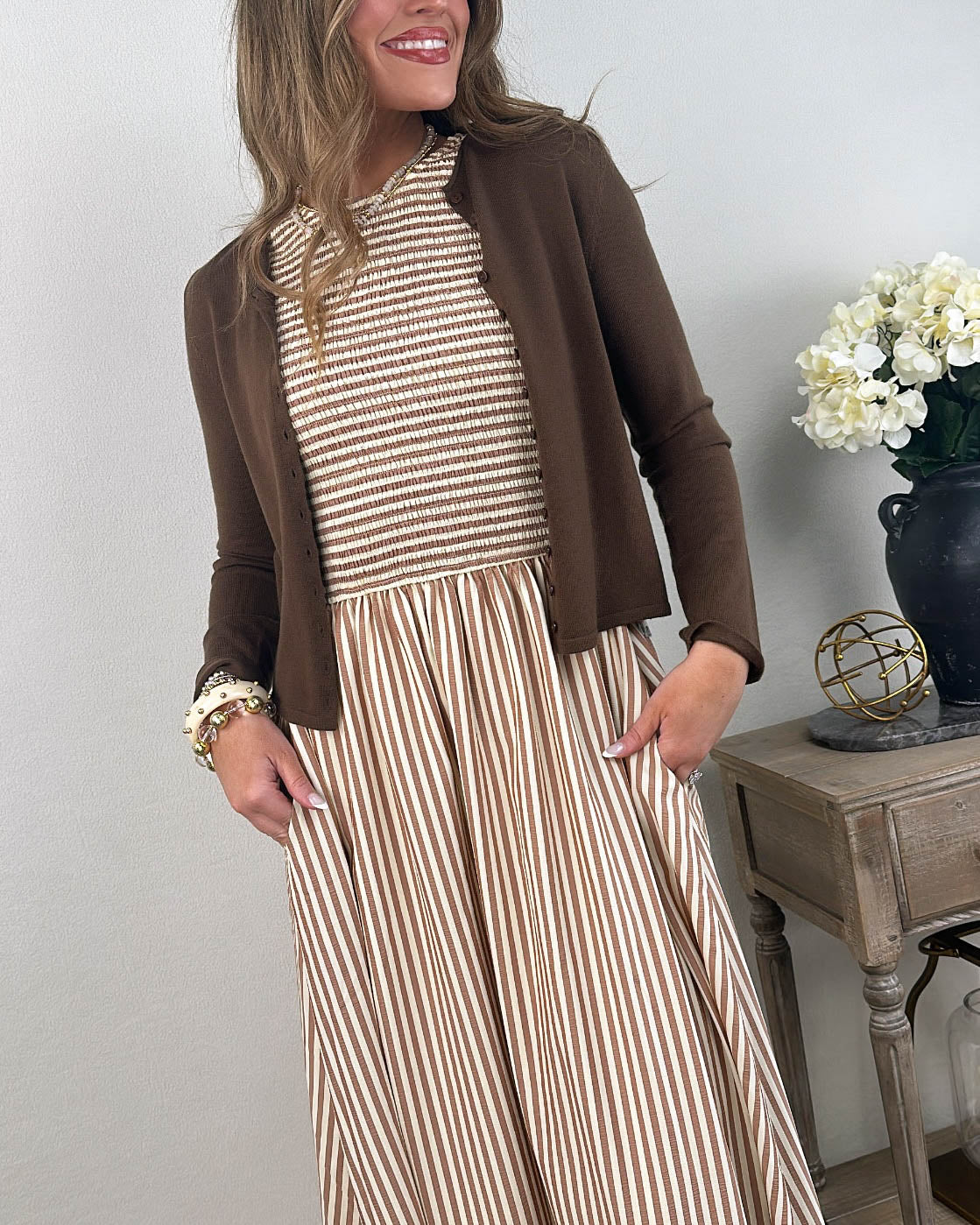 The Parisian Striped Smocked Bodice Maxi Dress