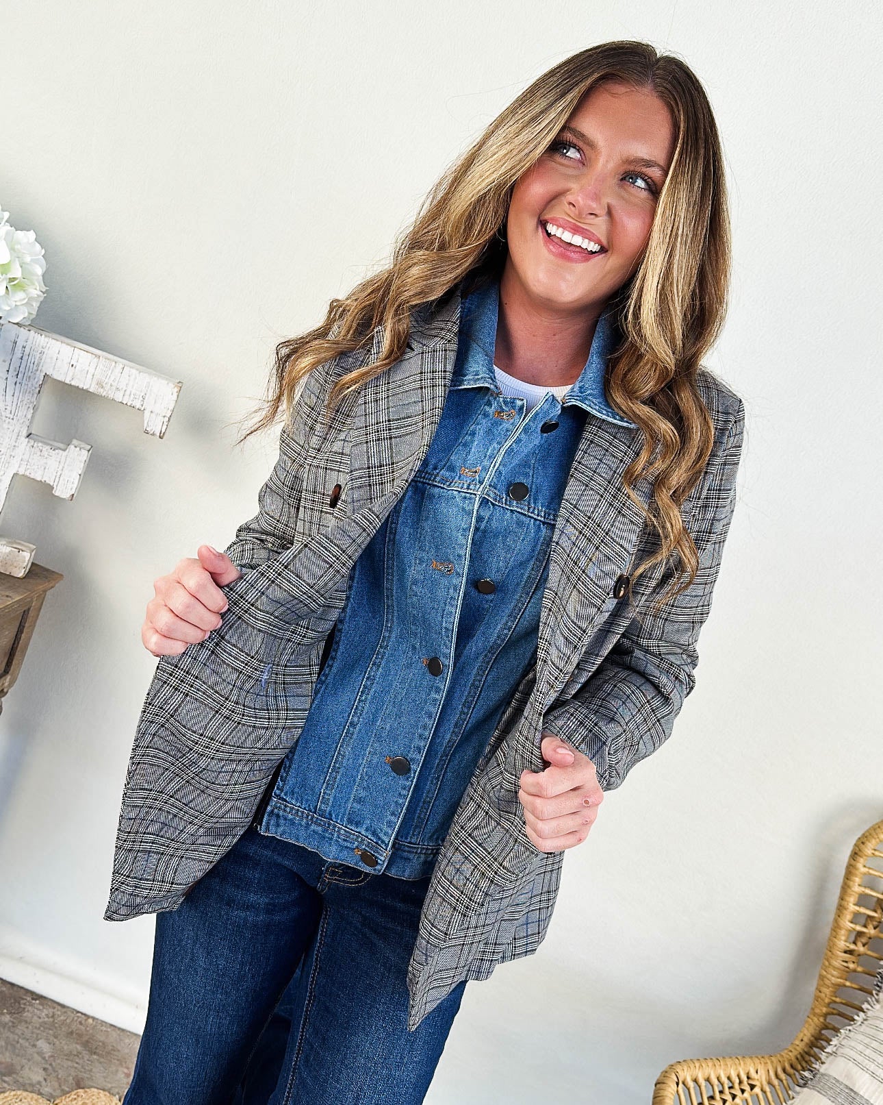 The Cosmopolitan Plaid Blazer With Denim Shirt Insert