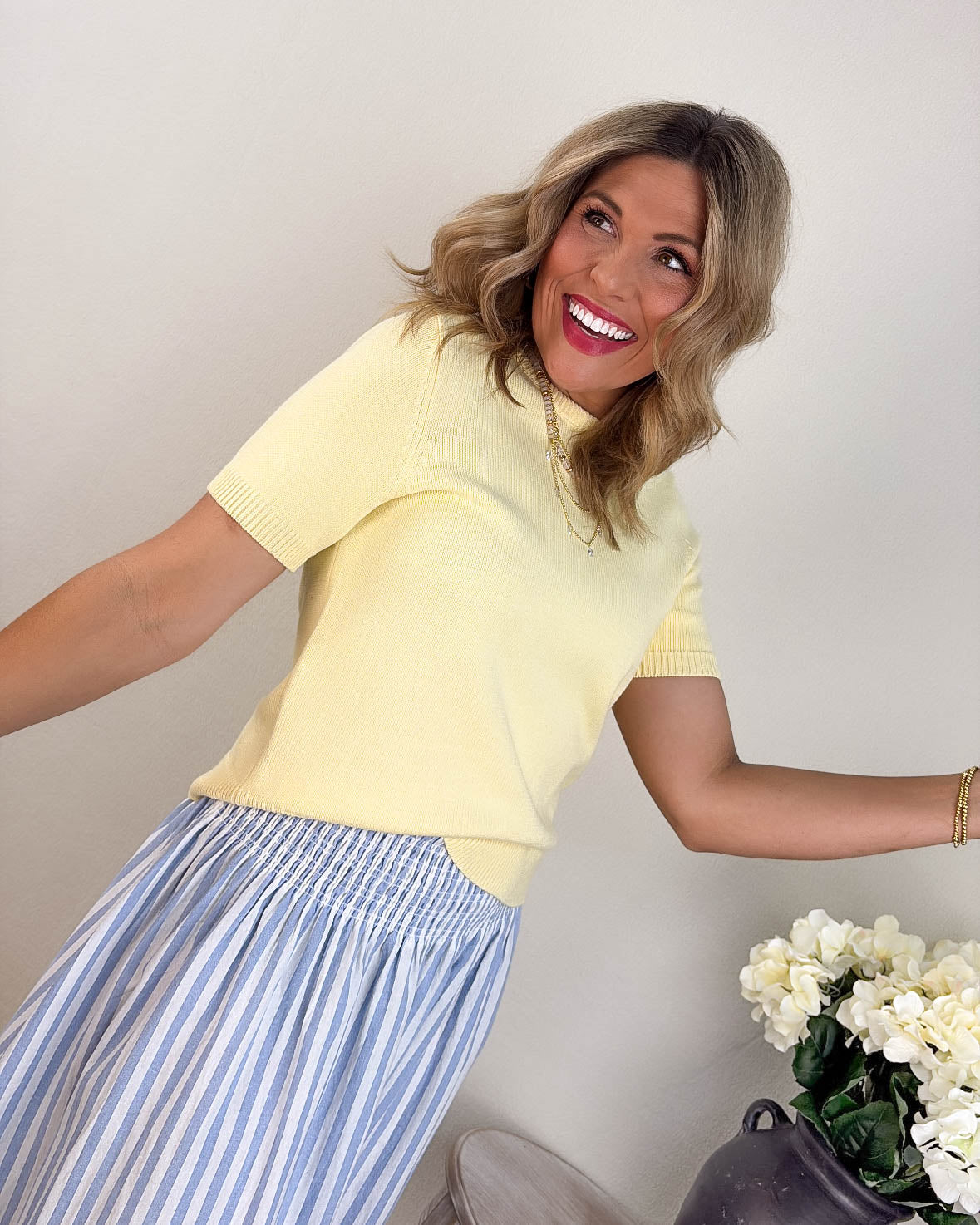 Maritime Striped Smocked Waist Midi Skirt