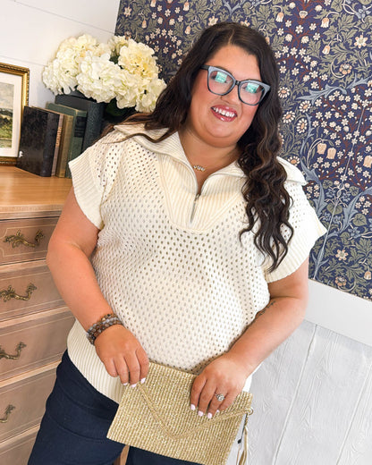 Mindy Open Knit Half Zip Collared Sweater