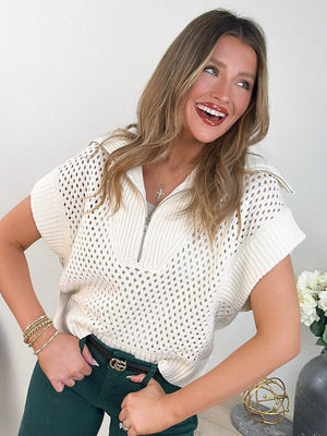 Mindy Open Knit Half Zip Collared Sweater