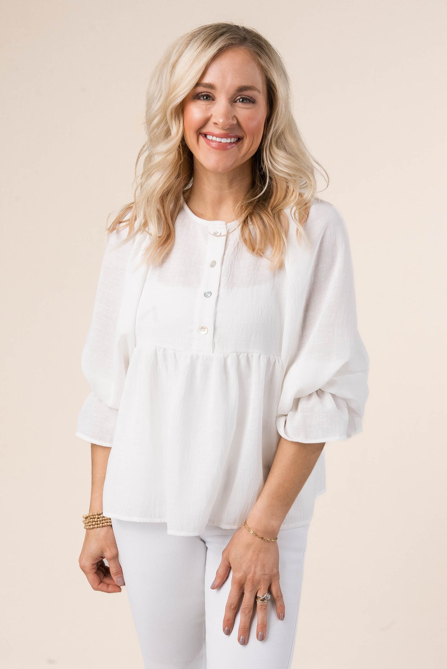 Textured Half Button Babydoll Blouse