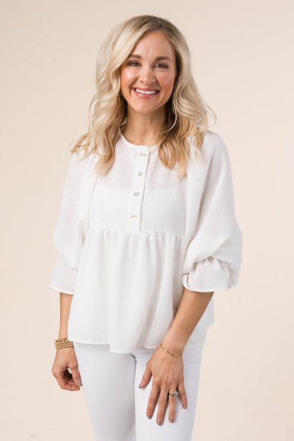 Textured Half Button Babydoll Blouse