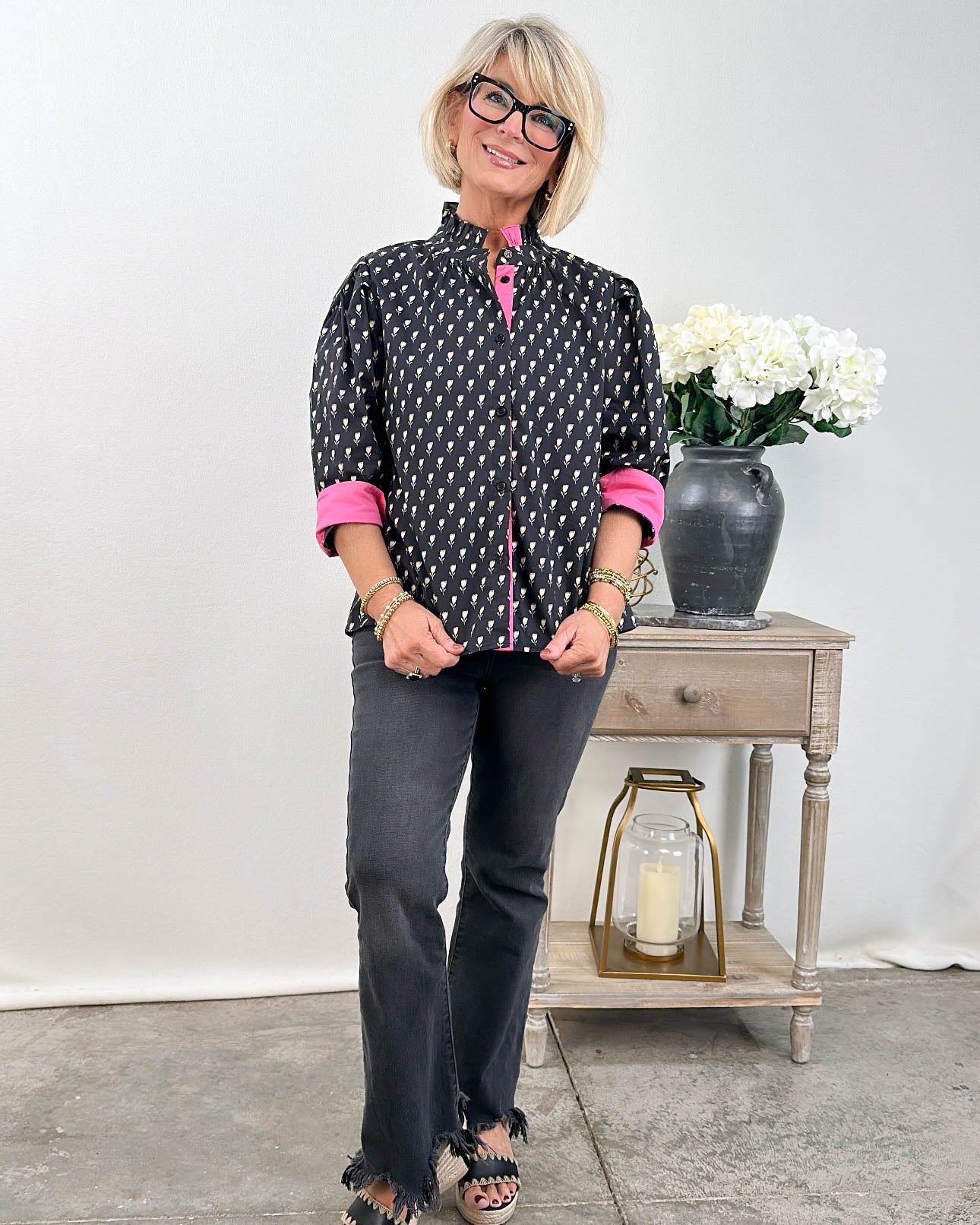 Day Dreaming Floral Contrast Frill Neck Top