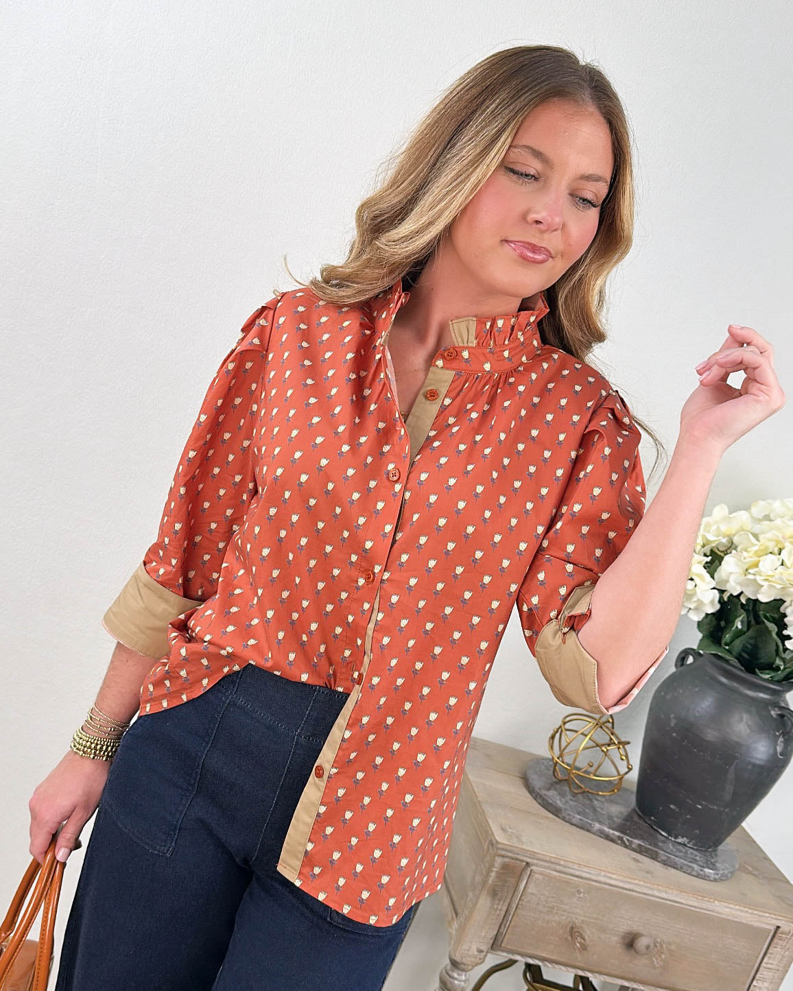 Day Dreaming Floral Contrast Frill Neck Top