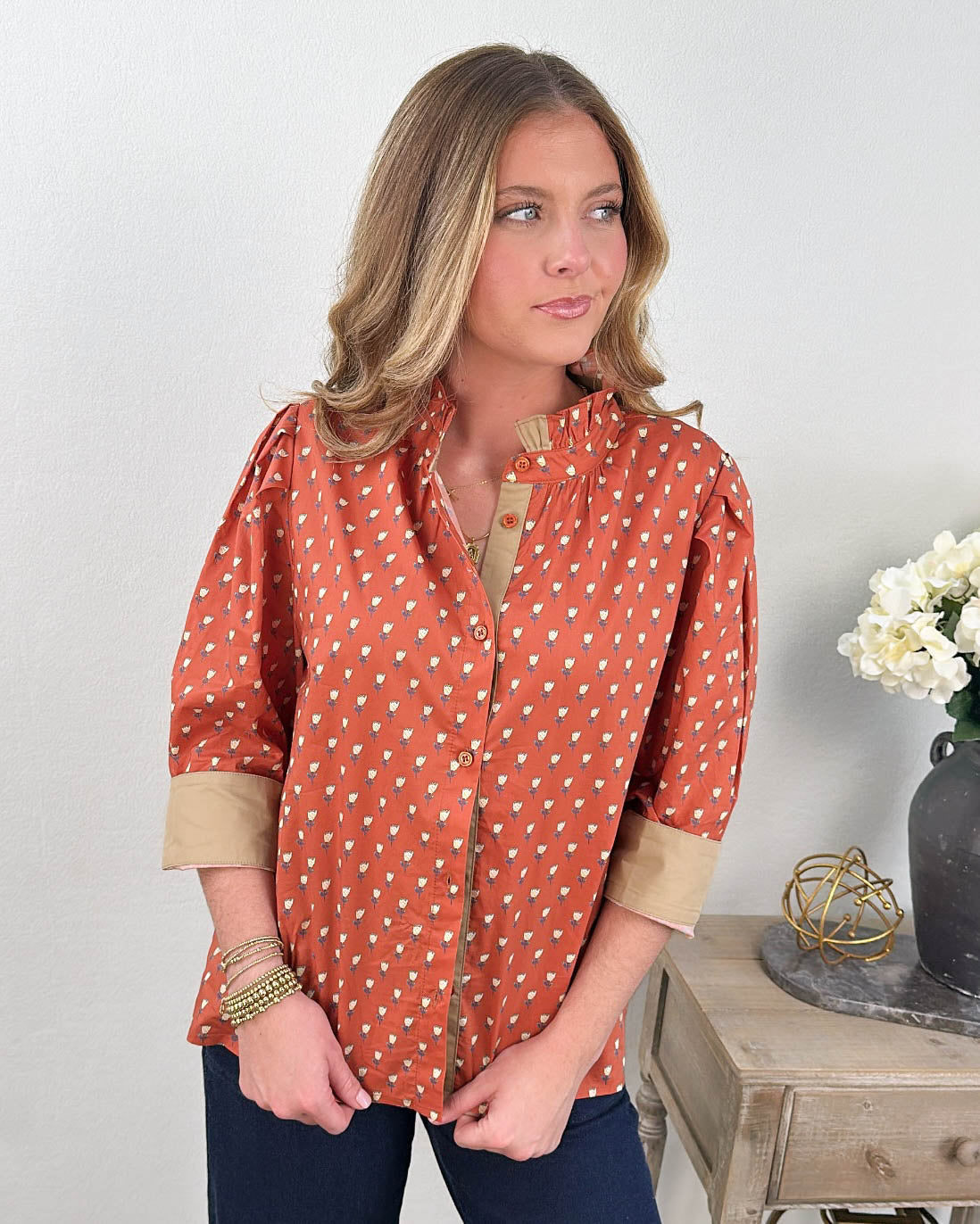 Day Dreaming Floral Contrast Frill Neck Top