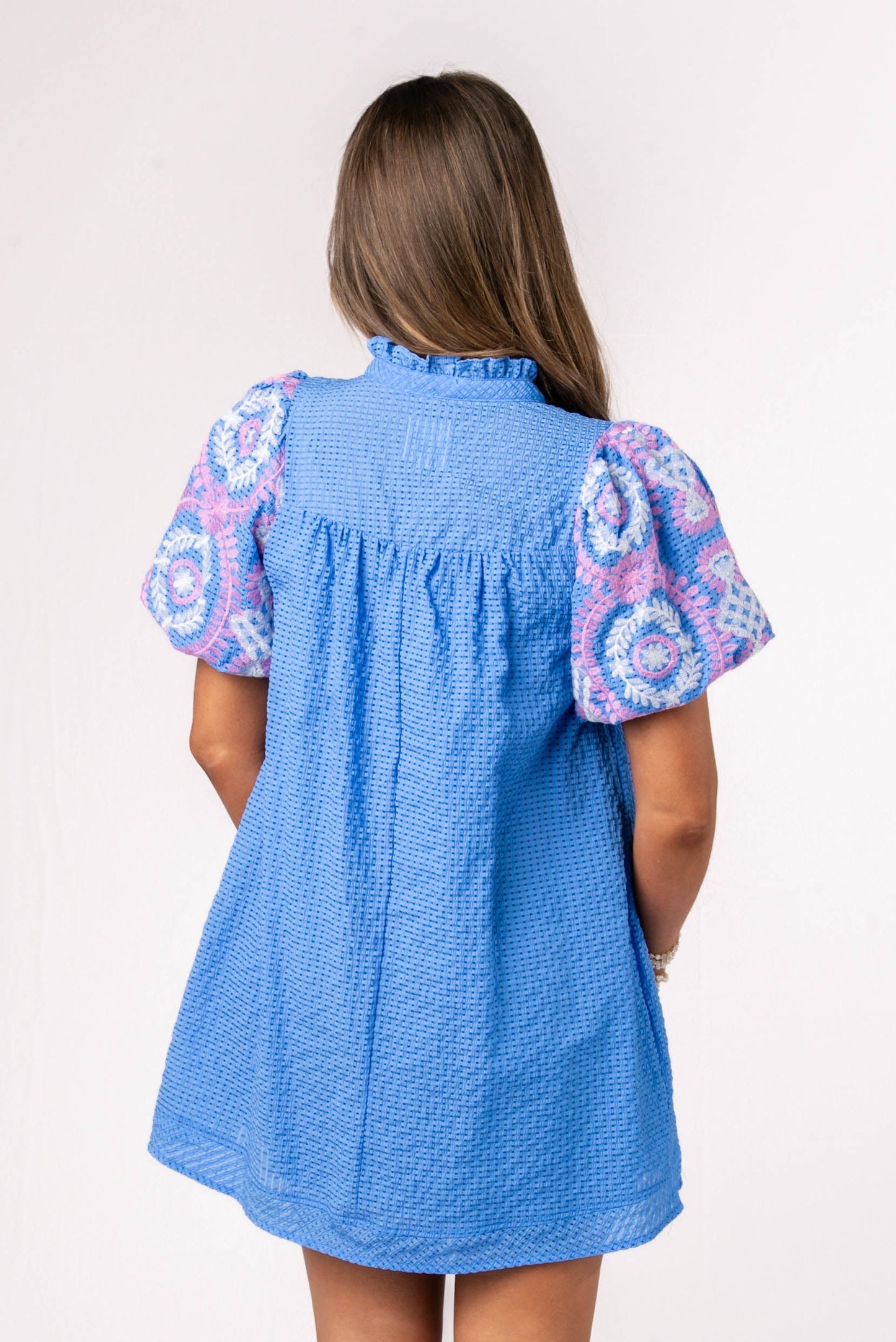 Seersucker Embroidered Sleeve Dress