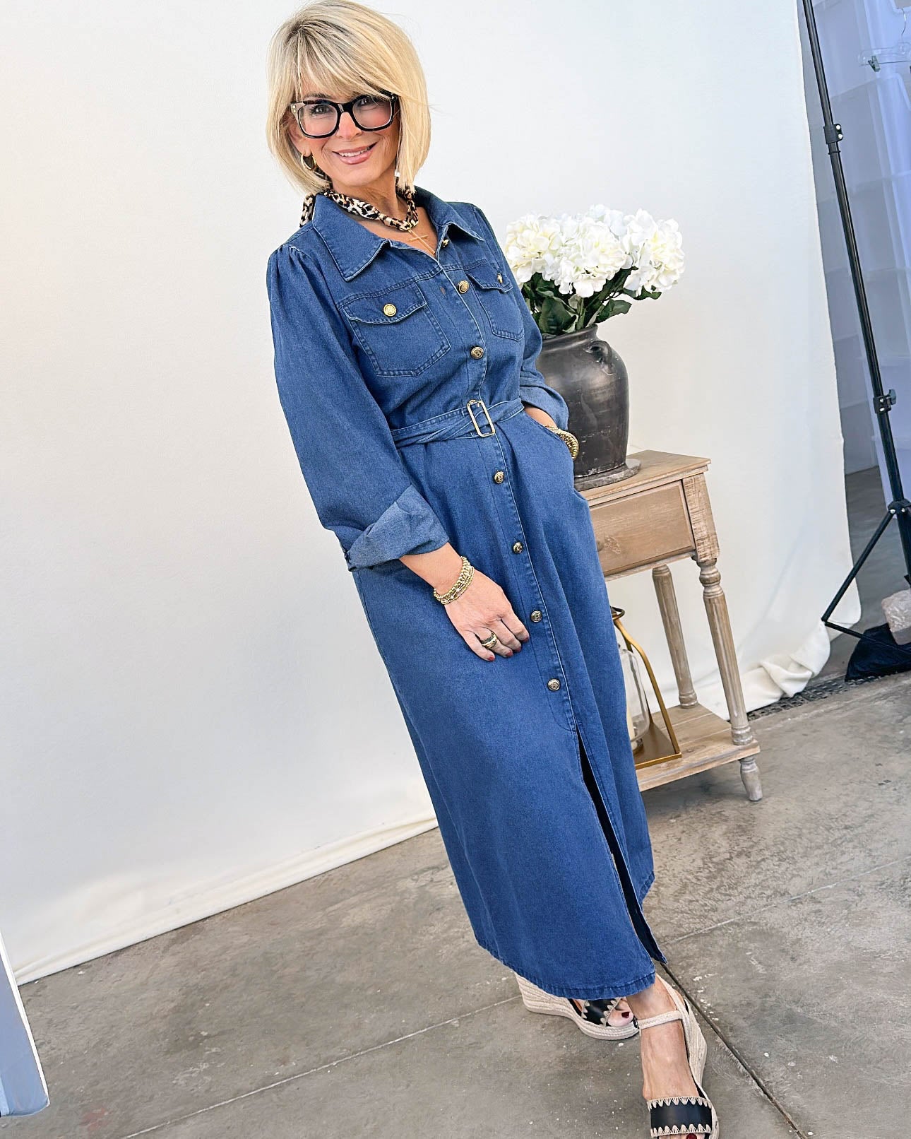 Uptown Girl Printed Denim Midi Shirt Dress