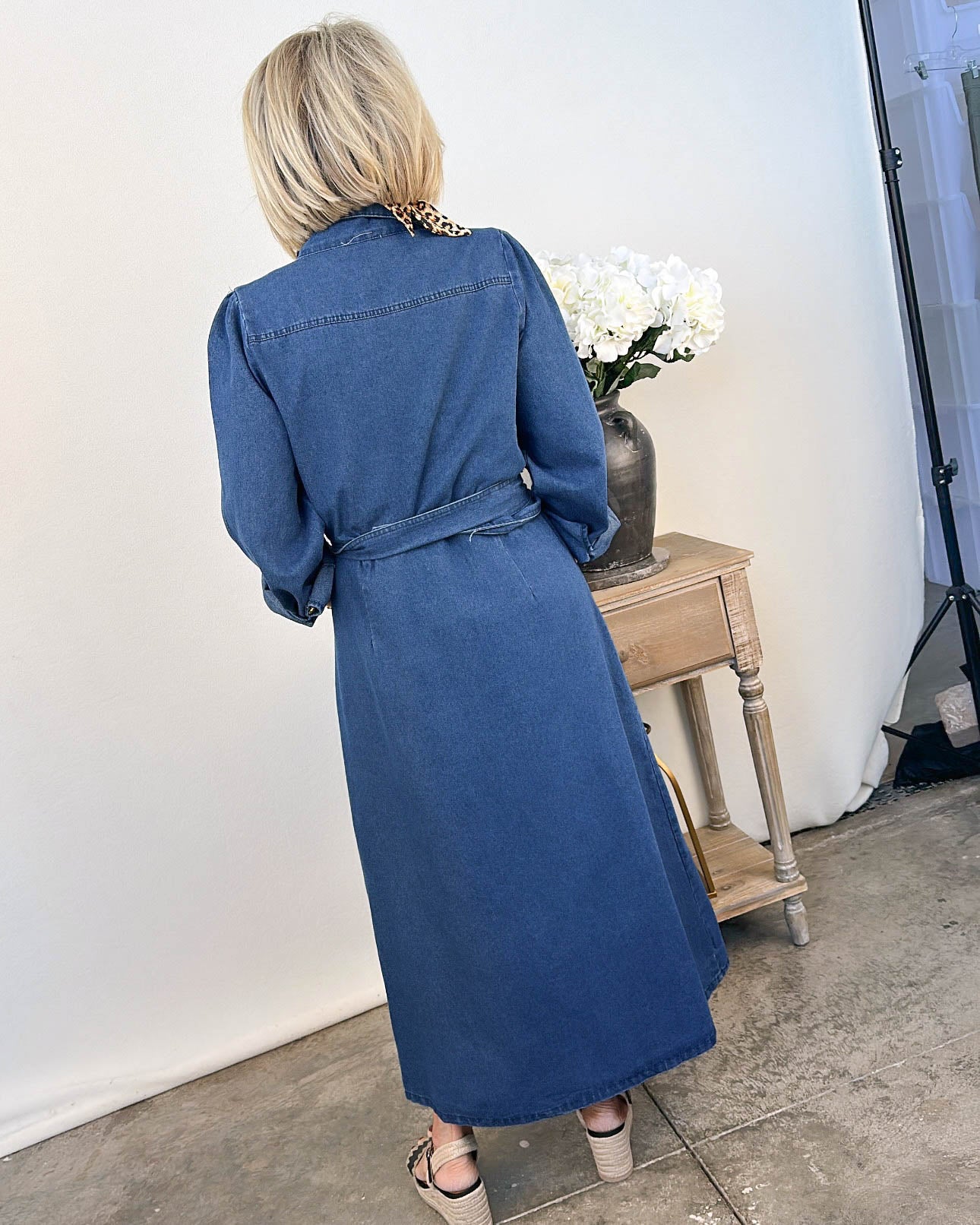 Uptown Girl Printed Denim Midi Shirt Dress