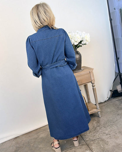 Uptown Girl Printed Denim Midi Shirt Dress